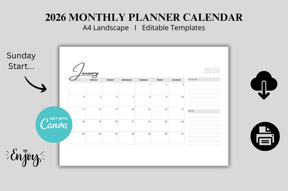 Download 2026 Monthly Planner Calendar Canva - Premium Bundle